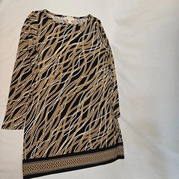 MICHAEL KORS Old Money Black/Gold Chain/Pearl Pattern Border Shift Dress Size L. - Picture 3 of 16